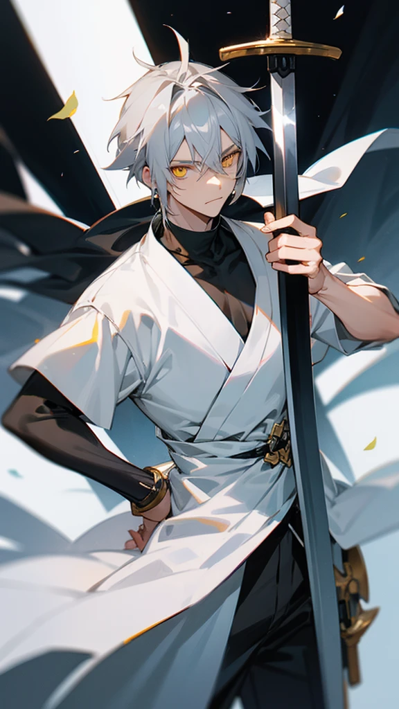 Male character gray hair and yellow eyes and white clothes and swords