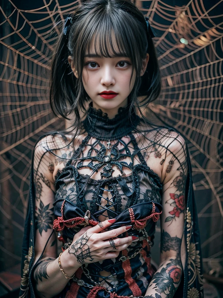 Beautiful girl fuses with spider. Girl in Japanese gothic dress. ((female solo. 1.1)) . high quality. Dark fantasy style illustration. She has short hair. rate. shining eyes. Spider legs sticking out from behind her. Tarantula. Spider web pattern embroidery. web tattoo. Monster Girl. dark interior. Wooden house.