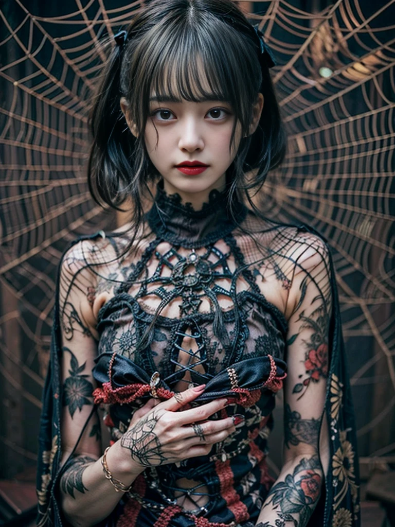 Beautiful girl fuses with spider. Girl in Japanese gothic dress. ((female solo. 1.1)) . high quality. Dark fantasy style illustration. She has short hair. rate. shining eyes. Spider legs sticking out from behind her. Tarantula. Spider web pattern embroidery. web tattoo. Monster Girl. dark interior. Wooden house.