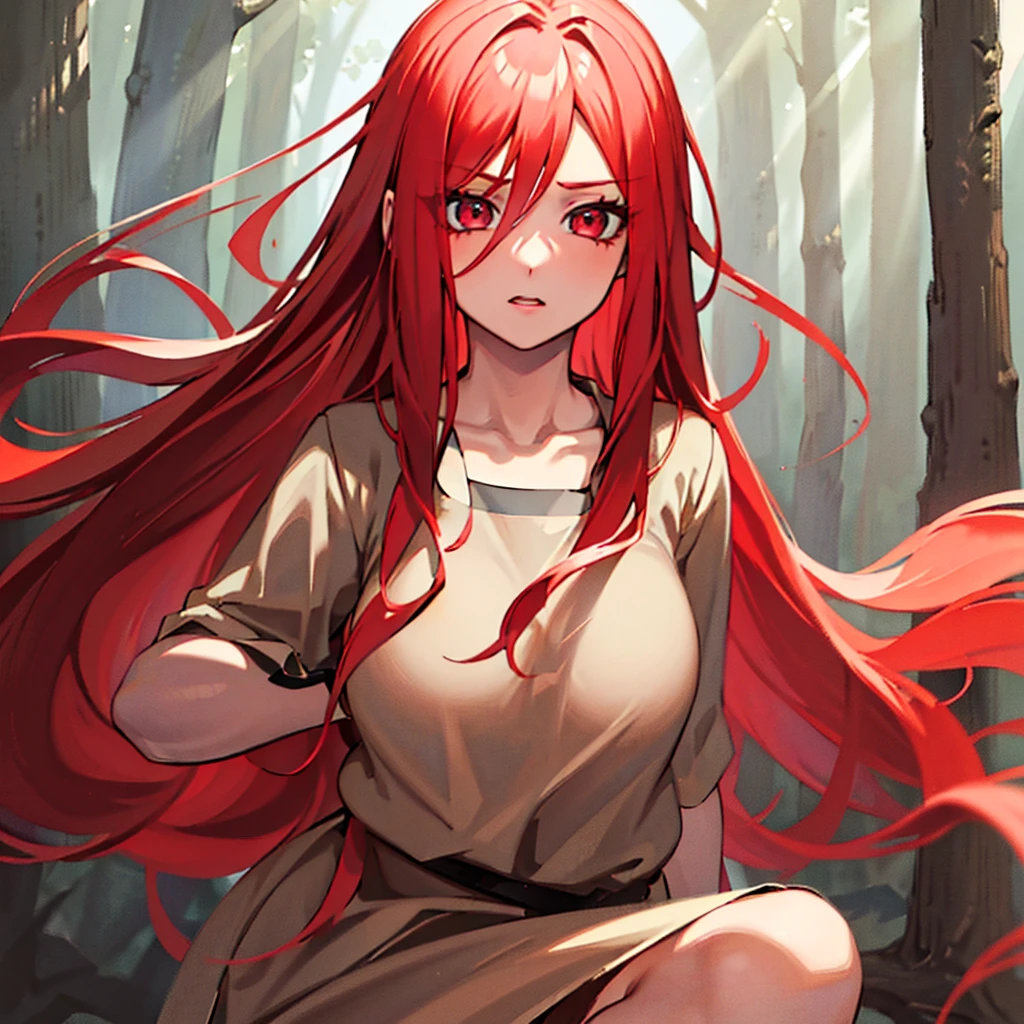 "Masterpiece, high quality, (cheered up), Best Quality, 1 girl, dynamic lighting, simple background, Red hair, Red eyes, ((15 years)), beautiful face, pretty eyes, beautiful background, (((Very detailed eyes and face.))), session, dynamic pose, forest background, upset expression.