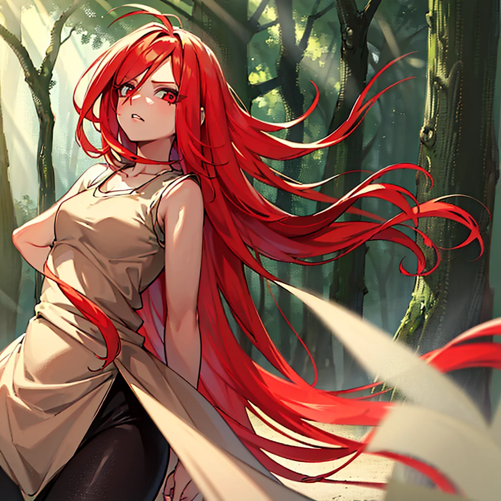 "Masterpiece, high quality, (cheered up), Best Quality, 1 girl, dynamic lighting, simple background, Red hair, Red eyes, ((15 years)), beautiful face, pretty eyes, beautiful background, (((Very detailed eyes and face.))), session, dynamic pose, forest background, upset expression.