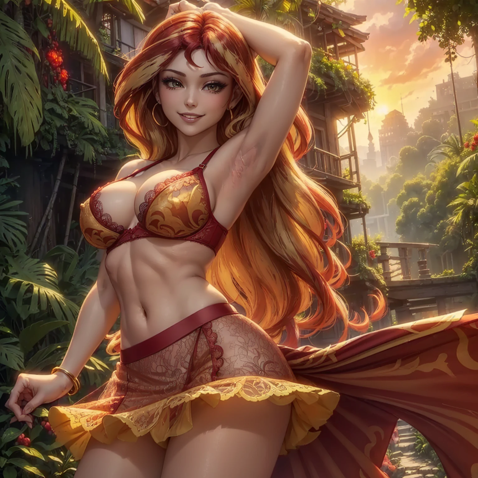 (((beautiful female body))),(((sunsetshimmer as a sweet charming hot seductive horny model))) ,(((red and yellow color hair))),(((stand hold a lace skirt with hands)))), (((outdoor))),(((jungle in background))),(((lewd and erotic posing))), (((happy wicked smile))) ,(((wear light yellow red sheer lace transparent see through very short bra))) , (((((upskirt view))))) , breasts are visible ,golden bracelets , (((perfect big breasts))) , lush breasts , Bulky Breasts , voluminous breasts ,(((peeping the viewer))),(((bare belly))),(((side close upskirt view)))