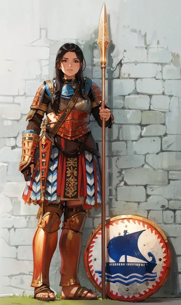 rude girl with big spear, giant shield, and roman soldier outfit in front of shield of roman soldier with spear too, weapon, polearm, solo, spear, armor, shield, long hair