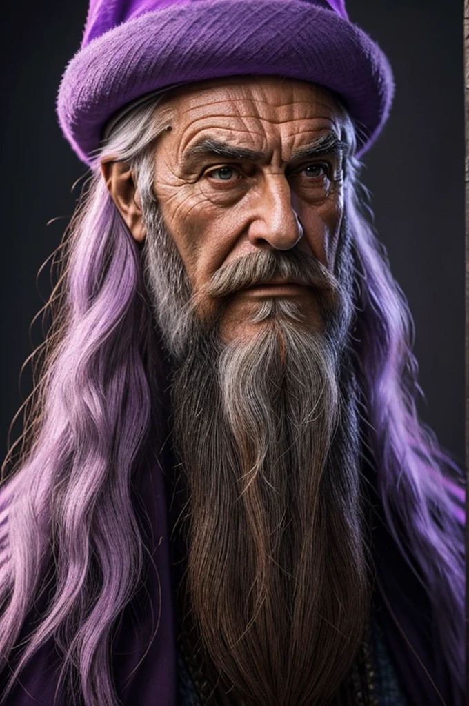 Extremely detailed 8k hyper realistic Merlin wizard type face with long beard with pointed lilac wizard hat with face features of actor Sean Connery with slight movement