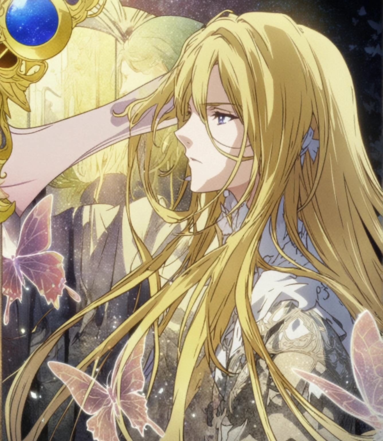 Close-up of a long-haired person and butterflies, Portrait of the Magical Blonde Prince, ((Beautiful Fantasy Empress)), Beautiful androgynous prince, A delicate androgynous prince, anime key visual of elegant, Long, flowing, gorgeous blonde hair, Anime Art Nouveau Space Display, Detailed Key Anime Art, Shadowverse Style, Flowing hair and long robes