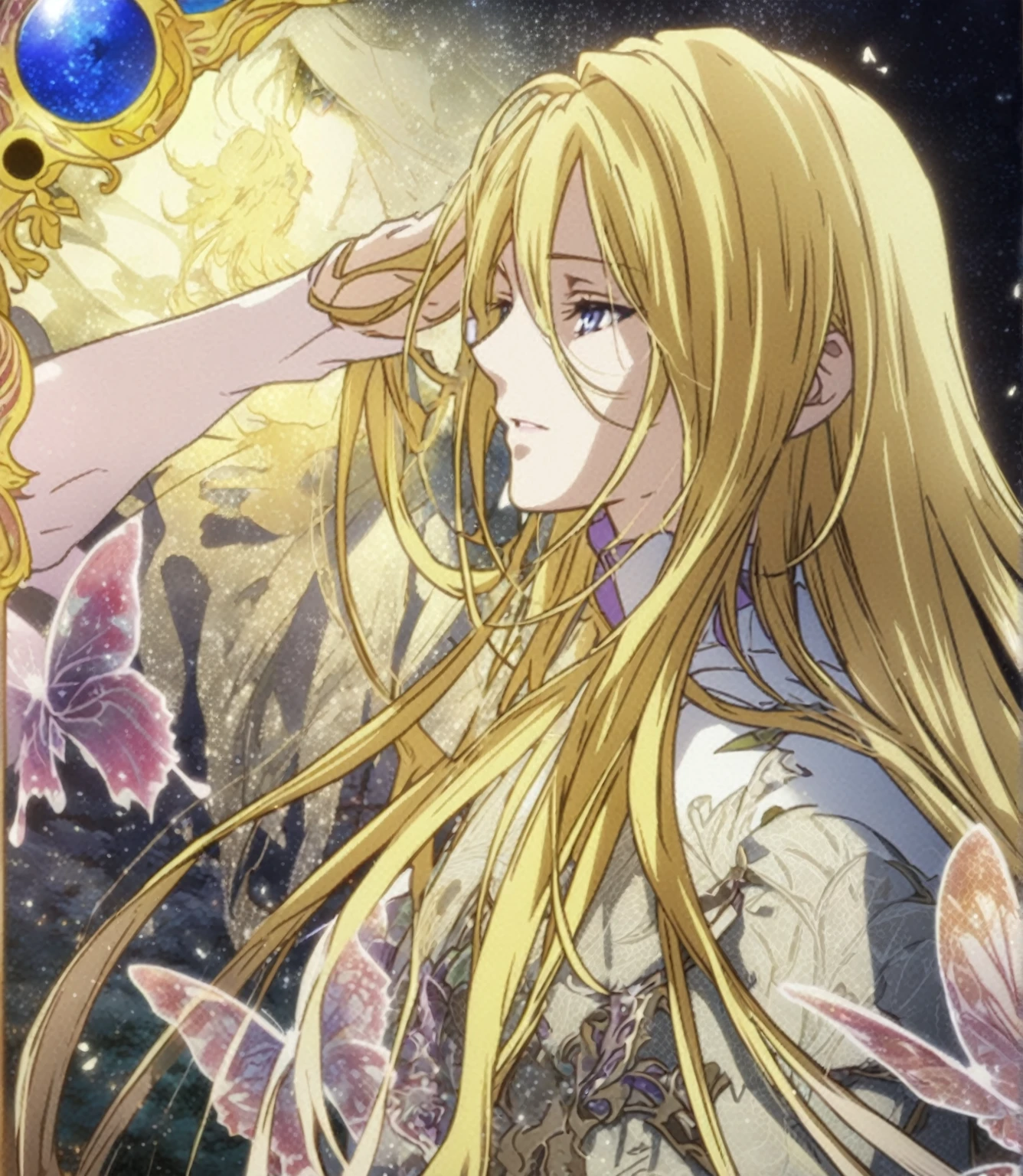 Close-up of a long-haired person and butterflies, Portrait of the Magical Blonde Prince, ((Beautiful Fantasy Empress)), Beautiful androgynous prince, A delicate androgynous prince, anime key visual of elegant, Long, flowing, gorgeous blonde hair, Anime Art Nouveau Space Display, Detailed Key Anime Art, Shadowverse Style, Flowing hair and long robes