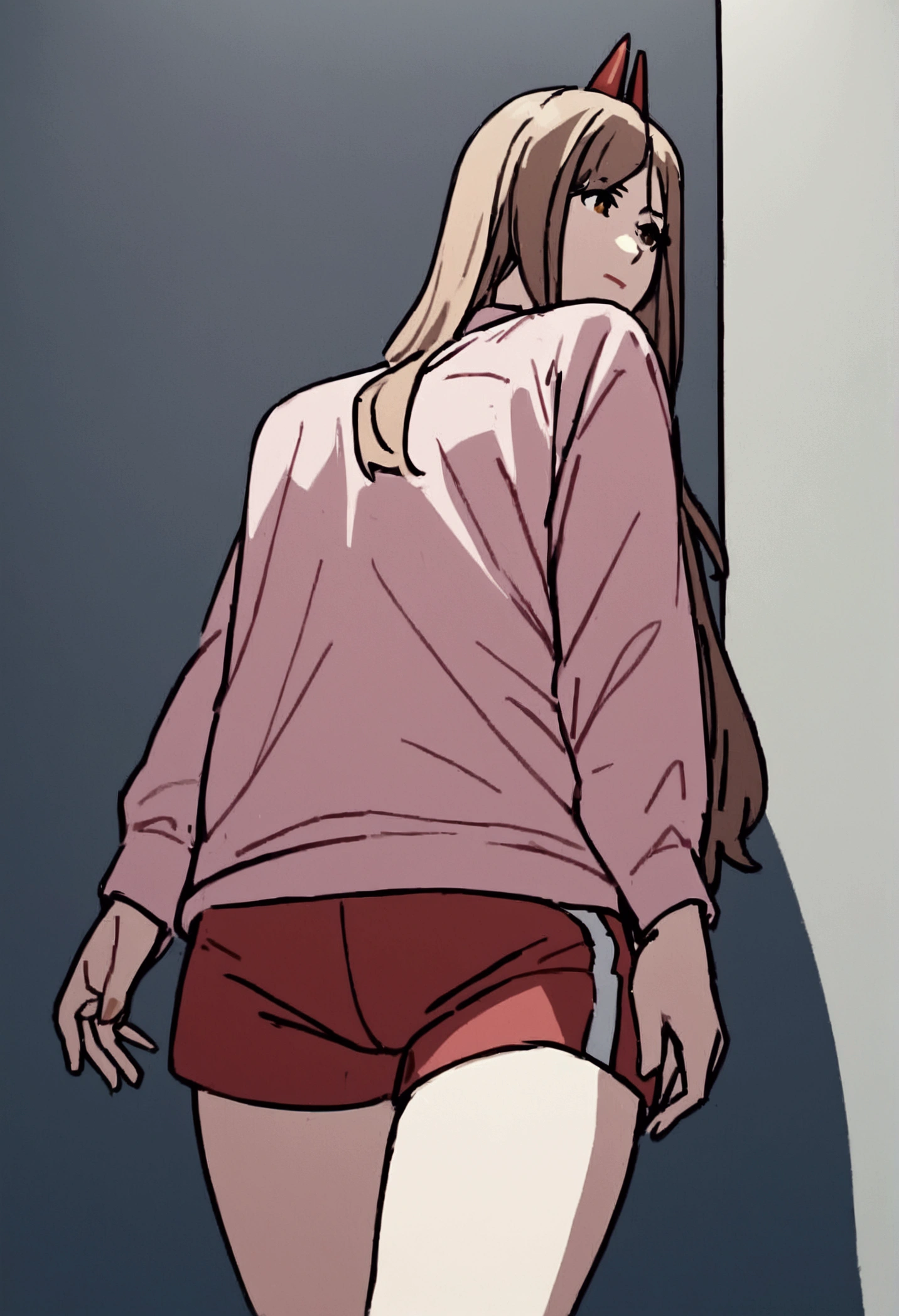 1 girl, , wearing a pink shirt, a jacket, red shorts and sneakers. 