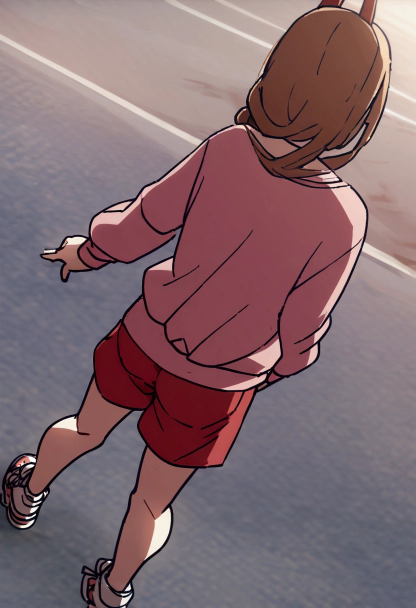 1 girl, , wearing a pink shirt, a jacket, red shorts and sneakers. 