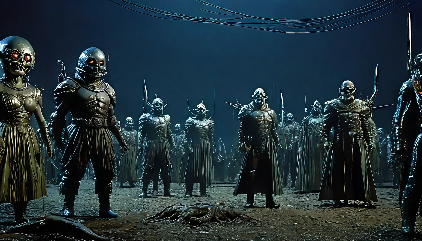 in (medium full shot:3.1) of lot of characters from a movie for slave girls from beyond infinity, inspired by Clyde Caldwell, futuristic apocalypse, stalenhag, metal album cover, gwar, heavy metal band promo, wayne barlowe pierre pellegrini, (with Creepy, Sci-Fi, Fantasy and Horror:2.9) retro sci fi, Horror movie, very detailed body, moody, epic, shot on Kodak Vision3, (intricate details:2.4), (hyperdetailed:3.1), (8k resolution:3.1), (high detailed:4.1), lot of detailed, high quality, soft (cinematic:3.3) light, dramatic atmosphere, atmospheric pespective, (impactful art:2.8), rich colors