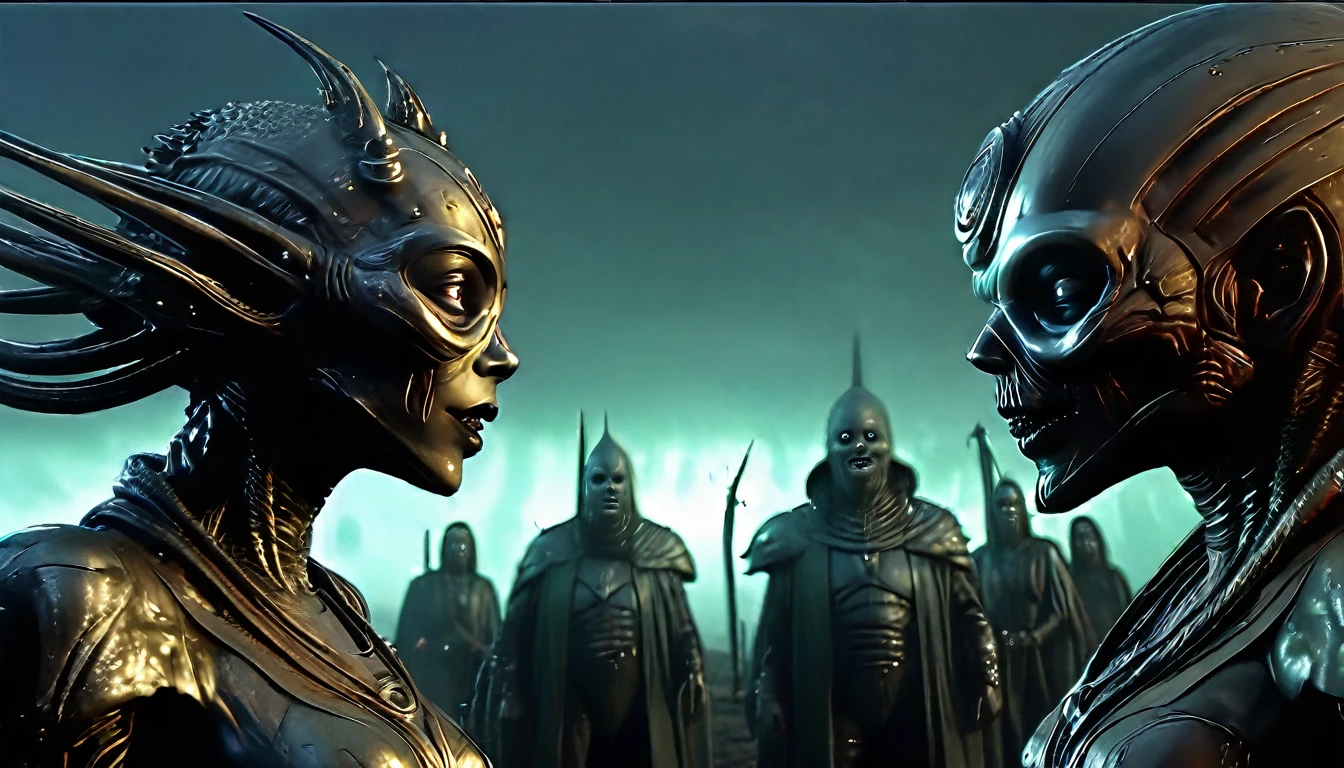 in (medium full shot:3.1) of lot of characters from a movie for slave girls from beyond infinity, inspired by Clyde Caldwell, futuristic apocalypse, stalenhag, metal album cover, gwar, heavy metal band promo, wayne barlowe pierre pellegrini, (with Creepy, Sci-Fi, Fantasy and Horror:2.9) retro sci fi, Horror movie, very detailed body, moody, epic, shot on Kodak Vision3, (intricate details:2.4), (hyperdetailed:3.1), (8k resolution:3.1), (high detailed:4.1), lot of detailed, high quality, soft (cinematic:3.3) light, dramatic atmosphere, atmospheric pespective, (impactful art:2.8), rich colors