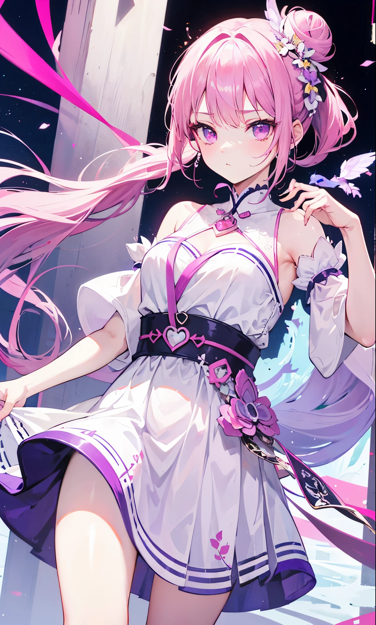 Light white clothes with pink and purple color matching，Purple and pink bun and long ponytail，Pink Purple Eyes，Gentle and coquettish princess