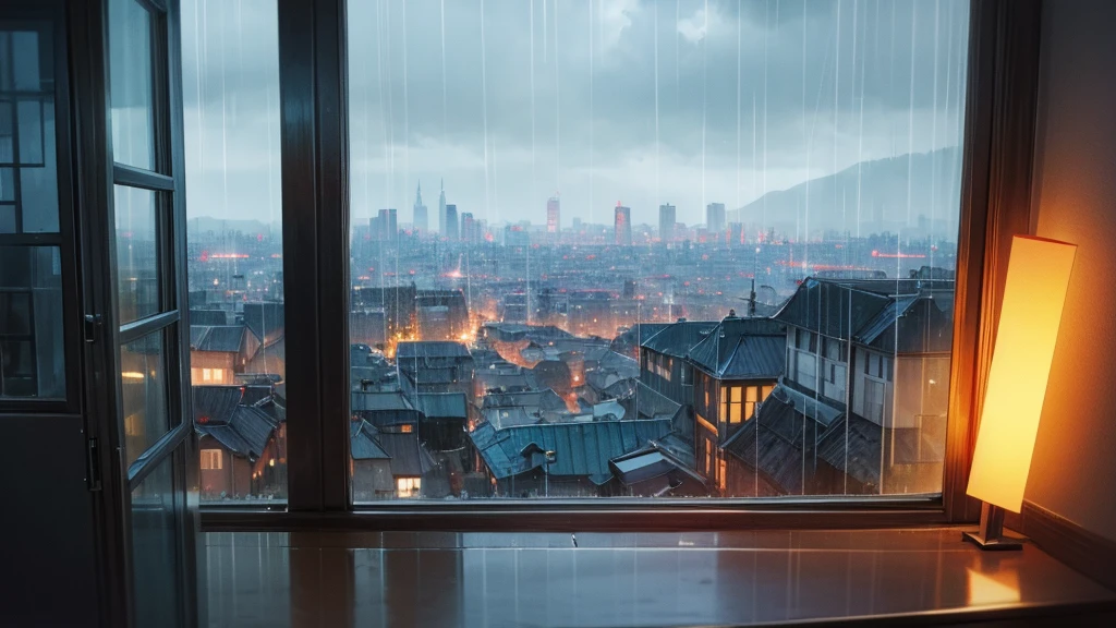 rainy city view from window with slight drizzle