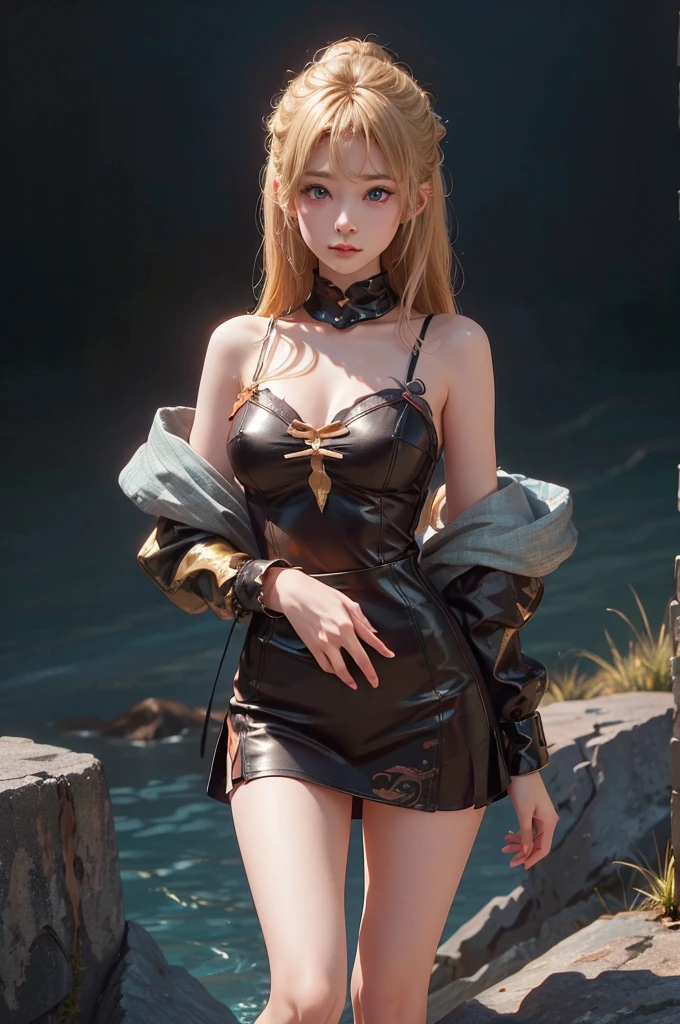 Polychrome,, night, dark, blonde, Show Viewer, In-person audience, Limited Edition Palette, Dragon Background, Shine,(Highly detailed CG Unity 8k wallpaper),(masterpiece), (Highest quality), (Vaporwave Style), (Super detailed), (Best illustrations),(Best Shadow),Perfect lighting , Perfect Anatomy , Vibrant colors、