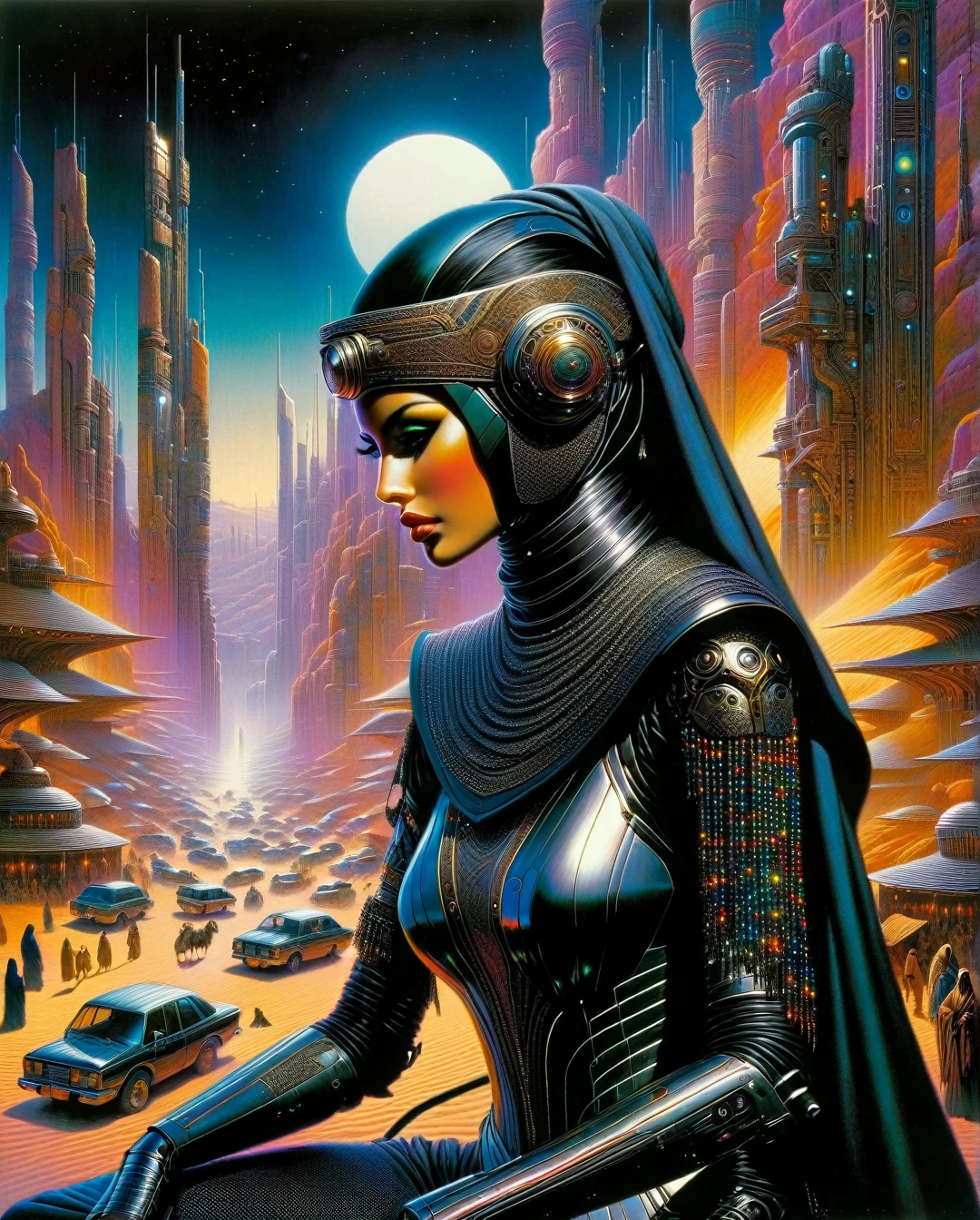 Art style by Noriyoshi Ohrai, Hajime Sorayama, Hiroshi Nagai, (Masterpiece, Top Quality, Super Deatail, High Resolution, Best Illustration), "An exceptional Saudi Arabian Bedouin female warrior adorned in a sleek, black metallic mechanical suit, seamlessly blending traditional Bedouin elements with cutting-edge cyberpunk aesthetics. The scene is set against a backdrop of a dark, dystopian sci-fi landscape, with neon-lit deserts and futuristic cityscapes. The art style echoes the retro 1980s, capturing the essence of that era's vibrant color palette and bold design. The composition should evoke a sense of mystery and power, with intricate details highlighting the fusion of ancient Bedouin culture and advanced technology.", artwork inspired by Brian Froud and Carne Griffiths and Wadim Kashin, intricate details, oil
