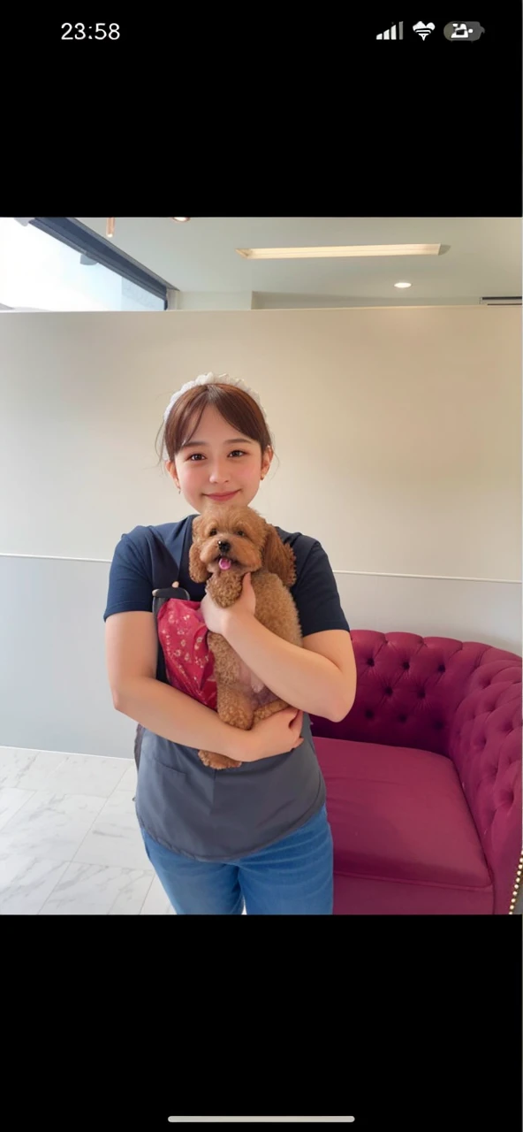 Tabletop, Highest quality, figure, Super detailed, Fine details, High resolution, 8k wallpaper, Perfect dynamic composition, Beautiful attention to detail, (((Wear a cute apron over your clothes))),Medium Hair, Natural color lips,20-year-old girl(((dog)))