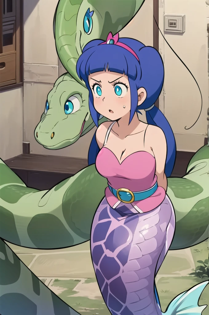 masterpiece,best quality,1girl,sophie \(doraemon\),blue hair,blue eyes,long hair,twintails,yellow hairband,tiara,belt,pink shirt,(mermaid,pink fish tail),beautiful detailed eyes, cleavage, snake, (coiled), (python), snake scales detailed, restrained, angry face, masterpiece}}}, {{highly extreme detailed}}, solo, Focus on the girl, anime, blush, {orgasm}, {sweaty}, {{python sex}}, (((object insertion))), jangle, spread arms, interspecies, bestiality, (Giant python bestiality, Giant python sex, ((Giant python Rape)), Giant python Rape, Giant python Coils, Passionate Squeeze) (((Giant python coils, Passionate squeeze, ))), coils,((Sophie is wrapped around a giant python)), ((giant python rape)), full body, giant python sex, 