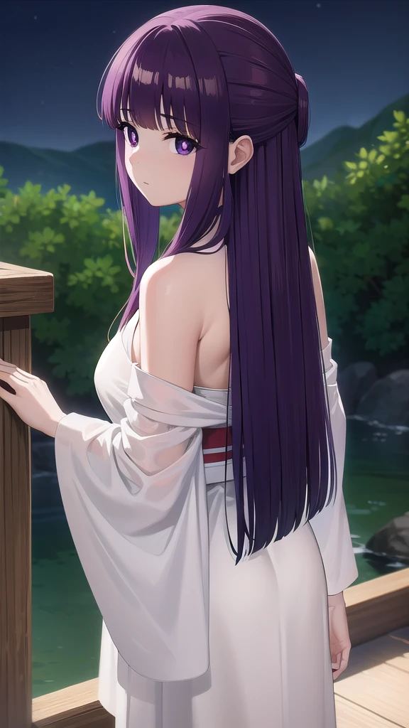 BREAK looking at viewer, BREAK (masterpiece:1.2), best quality, high resolution, unity 8k wallpaper, (illustration:0.8), (beautiful detailed eyes:1.6), extremely detailed face, perfect lighting, extremely detailed CG, (perfect hands, perfect anatomy)fern, long hair, bangs, (purple eyes:1.1), purple hair, sidelocks, blunt bangs, (bright pupils:1.5),onsen,hot springs, night, half updo,
long sleeves,Japanese clothes,yukata, sash, cleavege,neckline,full body,stockings,from behind,back view.