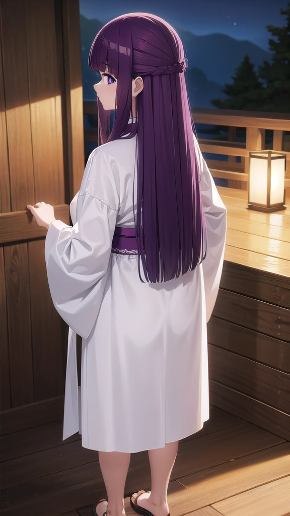 BREAK looking at viewer, BREAK (masterpiece:1.2), best quality, high resolution, unity 8k wallpaper, (illustration:0.8), (beautiful detailed eyes:1.6), extremely detailed face, perfect lighting, extremely detailed CG, (perfect hands, perfect anatomy)fern, long hair, bangs, (purple eyes:1.1), purple hair, sidelocks, blunt bangs, (bright pupils:1.5),onsen,hot springs, night, half updo,
long sleeves,Japanese clothes,yukata, sash, cleavege,neckline,full body,stockings,from behind,back view.