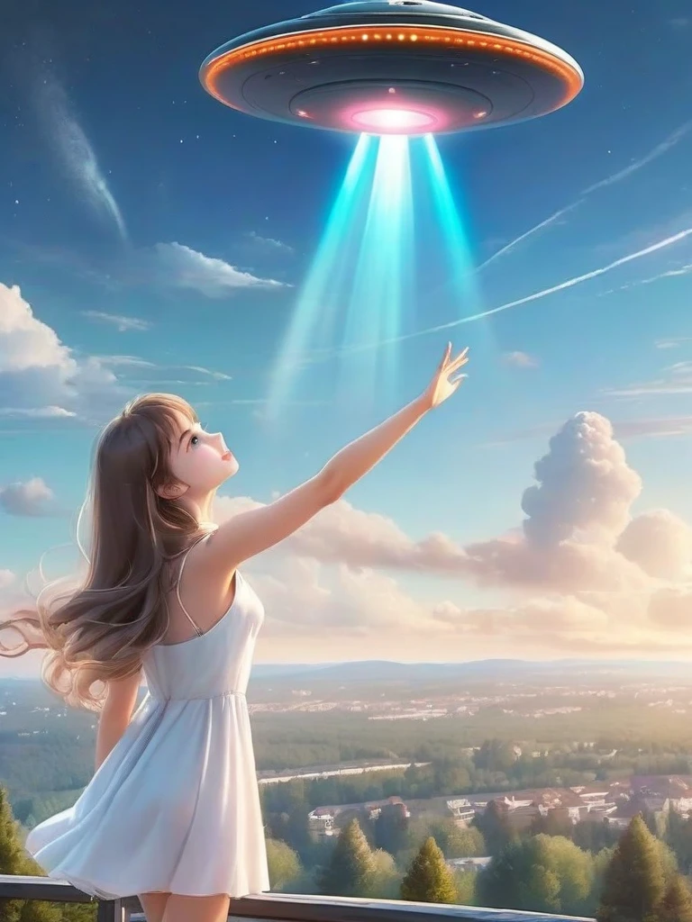 A beautiful girl waves to the UFO in the sky