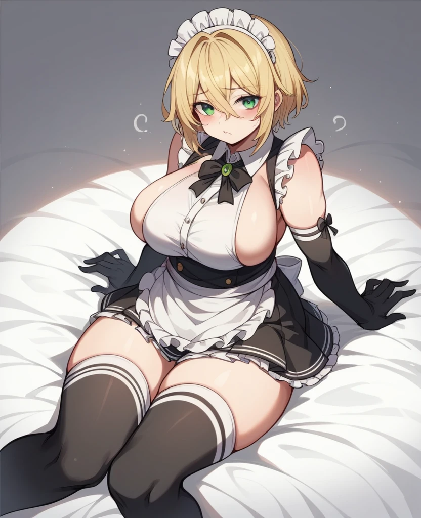 (One girl)、(short hair)、((Blonde))、（Sato Air）、boyish、(Big super )、[Chubby]、beautiful girl、green eye、Maid clothes、No sleeve、mini skirt、White sleeveless、((hairs between eyes))、((thigh-high socks thighhighs))、(long gloves)、say、White Background、
