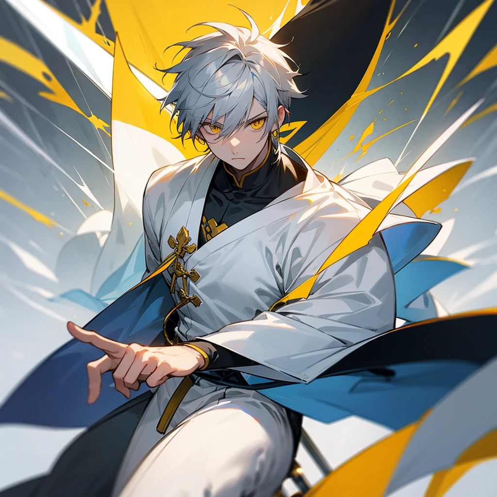 Male character gray hair and yellow eyes and white clothes and swords