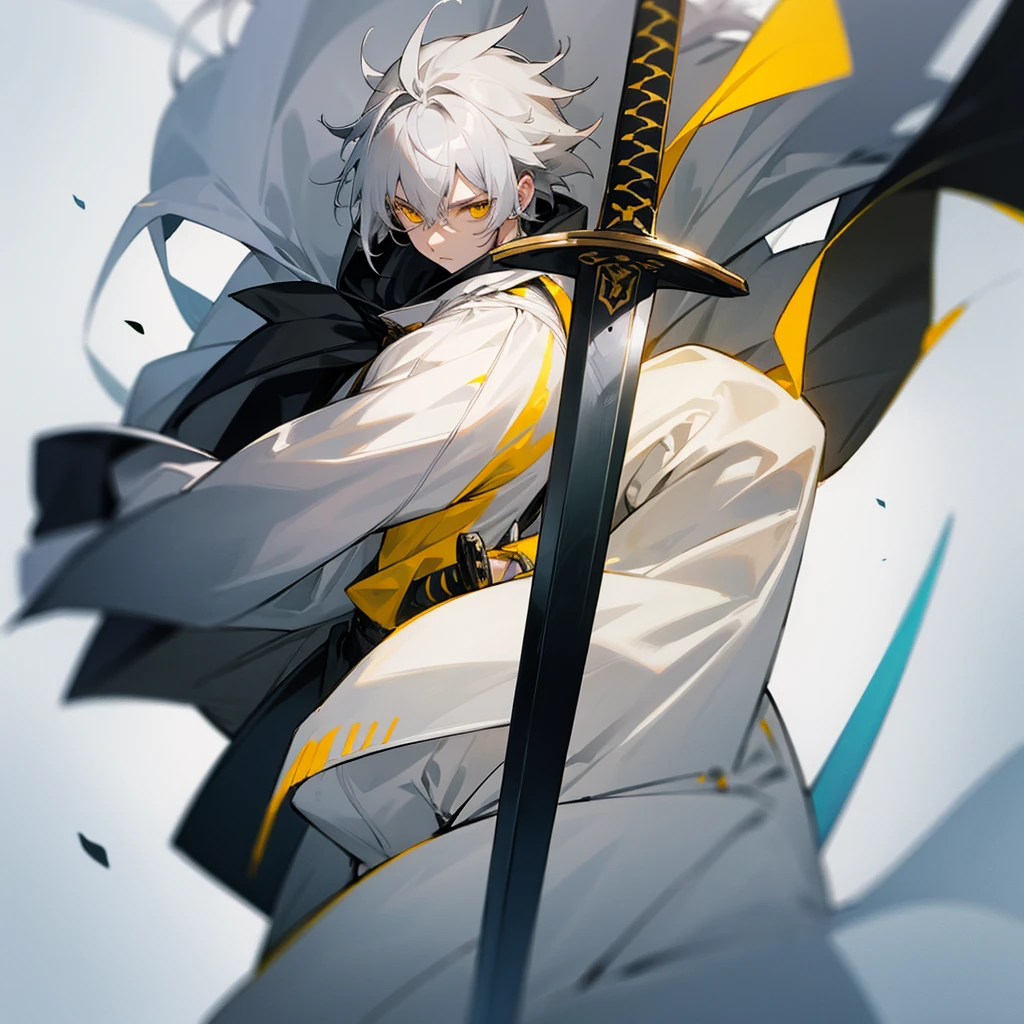 Male character gray hair and yellow eyes and white clothes and swords 