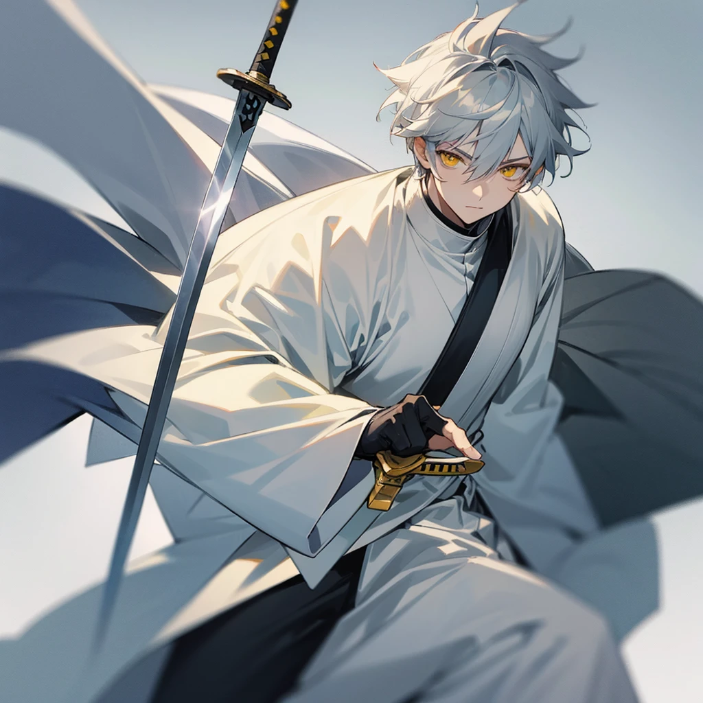 Male character gray hair and yellow eyes and white clothes and swords 