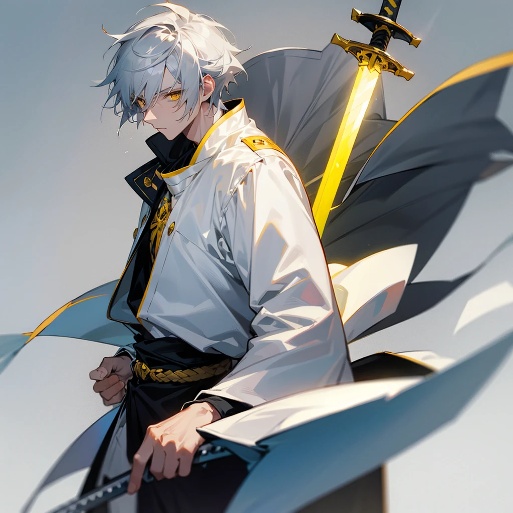 Male character gray hair and yellow eyes and white clothes and swords