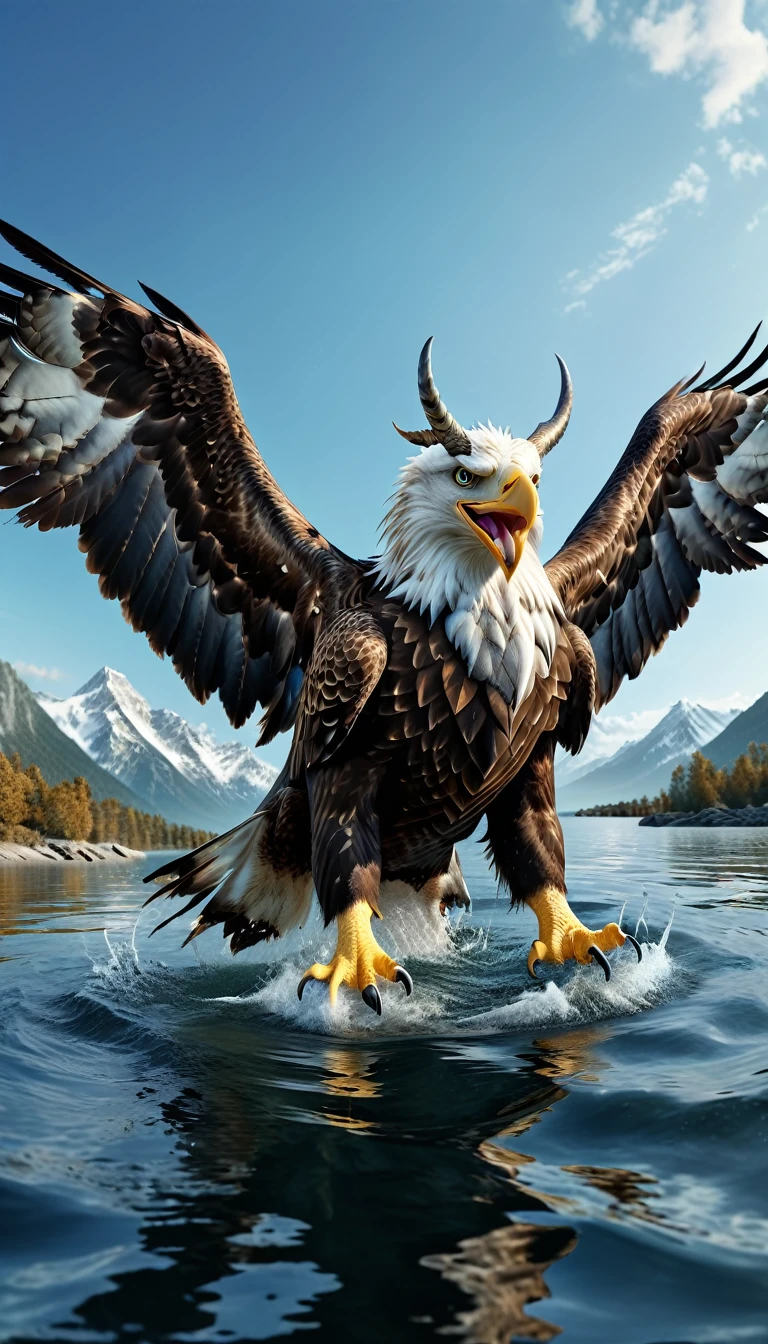 Panorama，There is a beast in the water，Looks like an eagle，The head has double horns（best quality，4K，8K，High level，masterpiece：1.2），Ultra Detailed，（lifelike，Photo real，Photo real：1.37），Highly detailed animals，Complex patterns，Realistic lighting，Fantasy Creatures