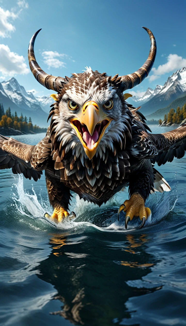 Panorama,There is a beast in the water,Looks like an eagle,The head has double horns(best quality,4K,8K,High level,masterpiece:1.2),Ultra Detailed,(lifelike,Photo real,Photo real:1.37),Highly detailed animals,Complex patterns,Realistic lighting,Fantasy Creatures