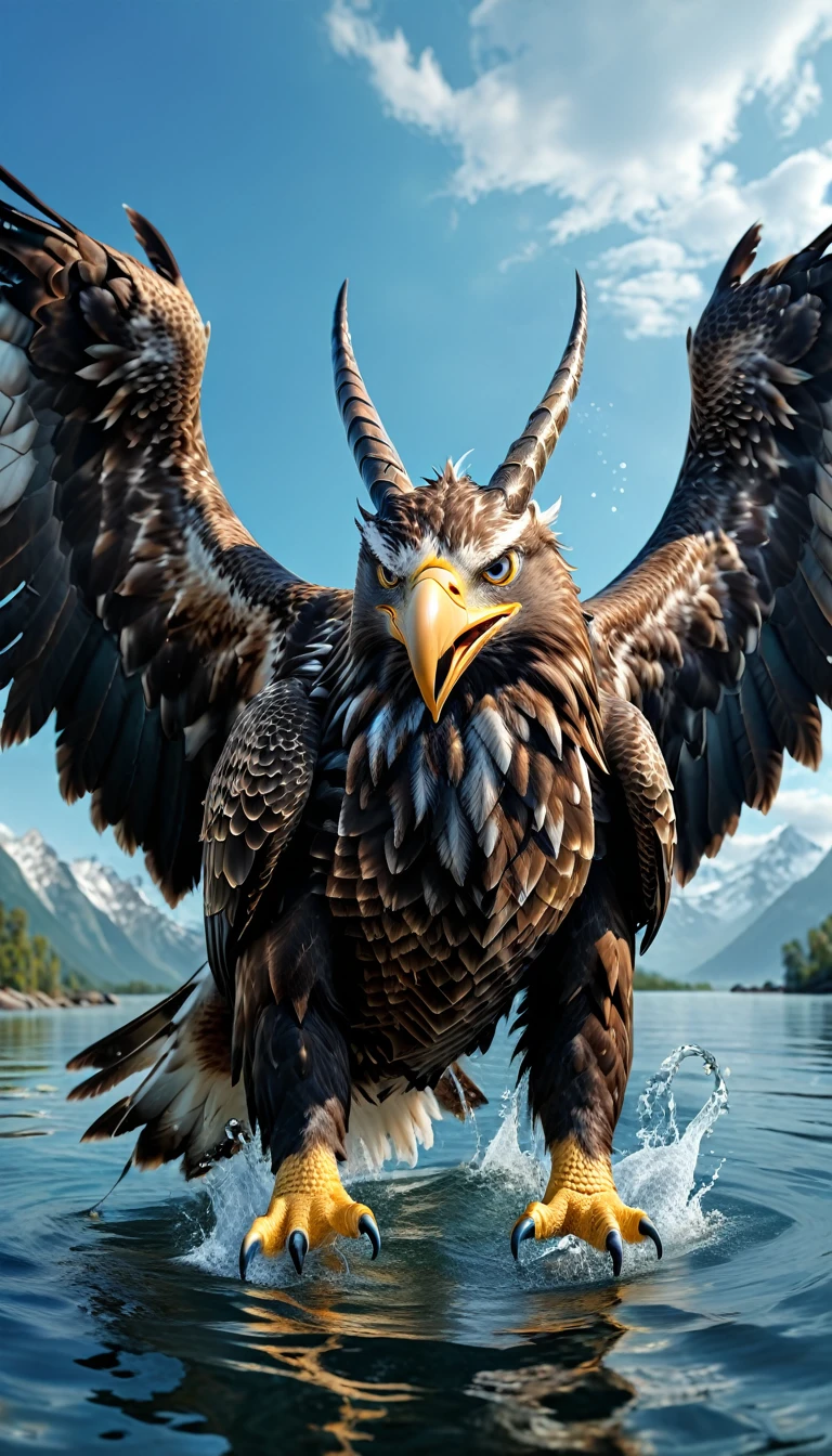 Panorama,There is a beast in the water,Looks like an eagle,The head has double horns(best quality,4K,8K,High level,masterpiece:1.2),Ultra Detailed,(lifelike,Photo real,Photo real:1.37),Highly detailed animals,Complex patterns,Realistic lighting,Fantasy Creatures