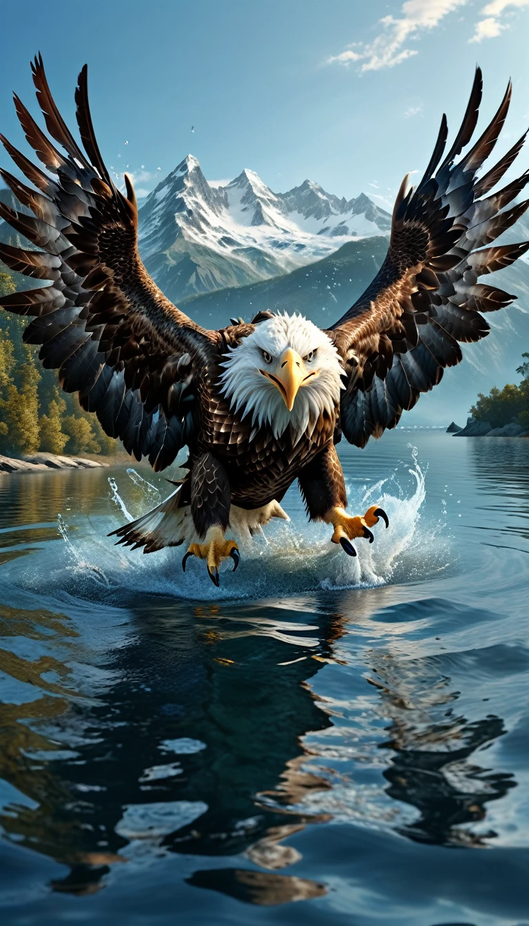 Panorama,There is a beast in the water,Looks like an eagle,The head has double horns(best quality,4K,8K,High level,masterpiece:1.2),Ultra Detailed,(lifelike,Photo real,Photo real:1.37),Highly detailed animals,Complex patterns,Realistic lighting,Fantasy Creatures