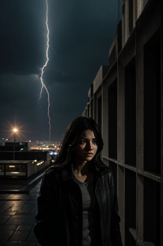 A young woman with a penetrating and melancholic look, with gray eyes. His face is partially illuminated by a dim light.
bottom: A night cityscape, with lonely streets and imposing buildings that represent the hostile and claustrophobic world in which Gray finds himself.. In the sky, dark clouds are observed that portend danger, but between them, a ray of light breaks through, symbolizing the hope that never fades.
