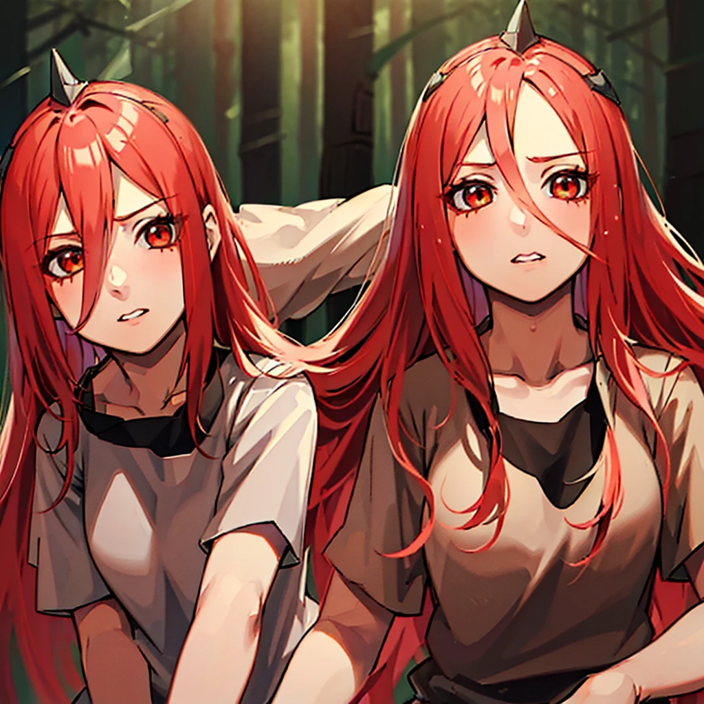 "Masterpiece, high quality, (cheered up), Best Quality, 1 girl, dynamic lighting, simple background, Red hair, Red eyes, ((15 years)), beautiful face, pretty eyes, beautiful background, (((Very detailed eyes and face.))), session, dynamic pose, forest background, upset expression.