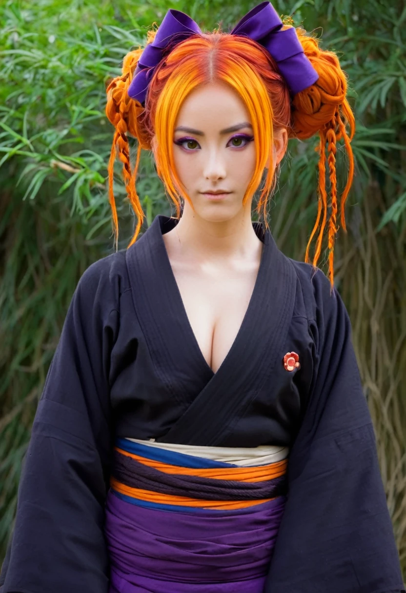 A Ghibli's studio character (2D). She have long orange and purple hair are tied but look messy. She wears dark oiran clothes . she seems cold