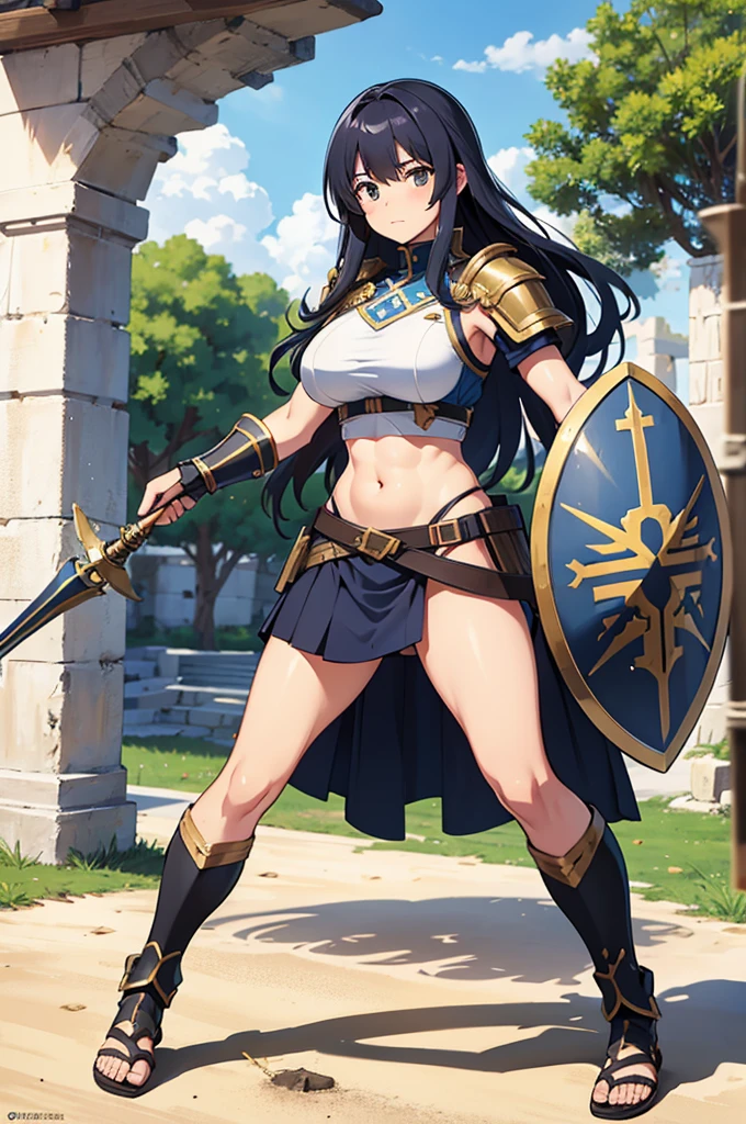 rude girl with big spear, greek girl soldier outfit in front of shield of roman soldier with spear too, weapon, polearm, solo, spear, armor, shield, long hair, shoulder pads, black armor , sandals , y, exposed belly, muscular girl, defined abdomen,stomach,