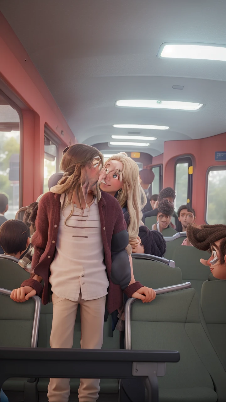 man with long hair talking to a girl on the bus