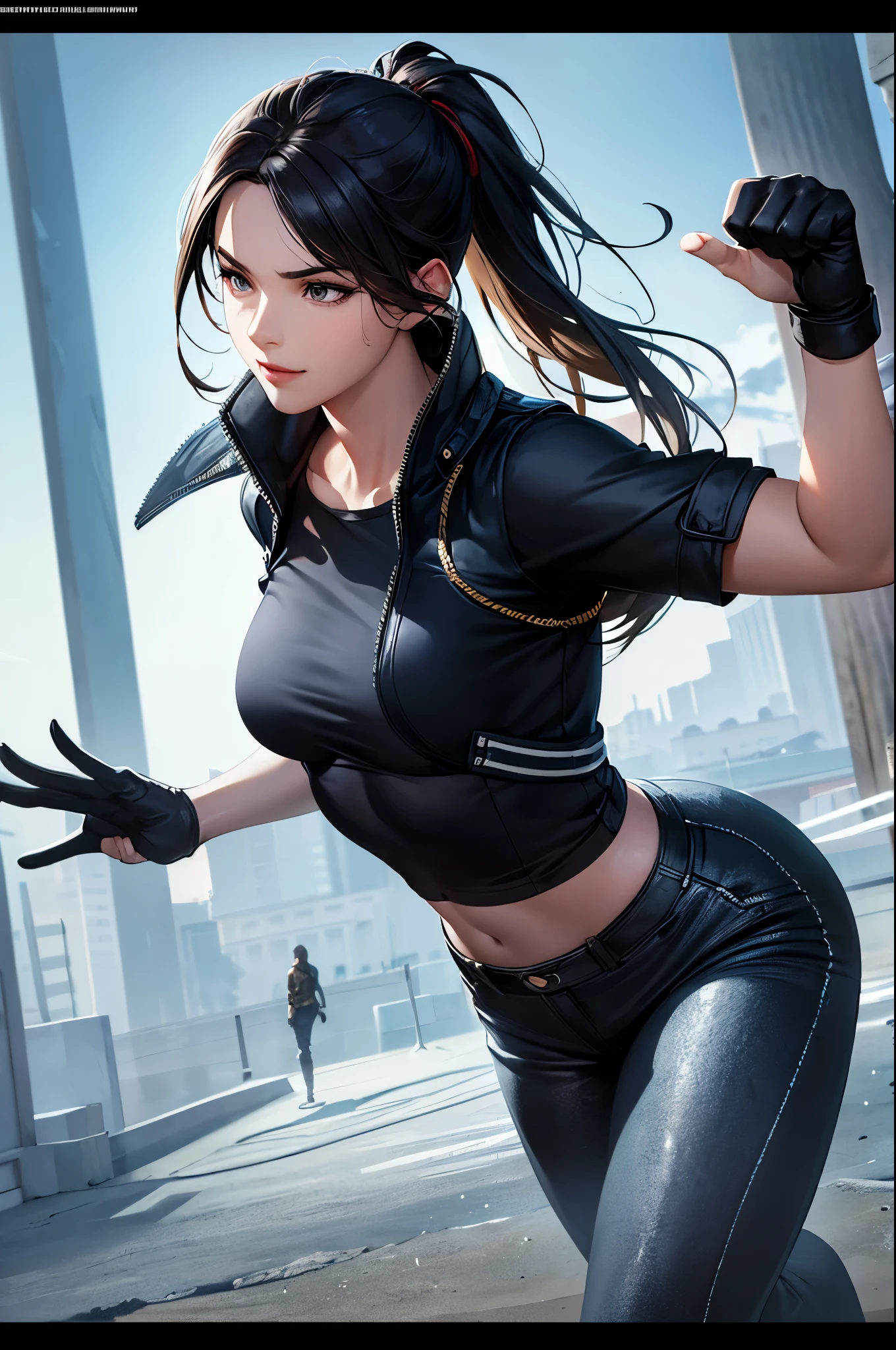 8K,younger sister,so beautiful(Like the real thing),Toned, muscular body,sexy,clear narrow eyes,black eye,Cool smile,Blue combat jacket,Black Shirt,Black combat pants,short,Compensate,Ultra-Realistic Skin,compensate,masterpiece,Photorealistic RAW photos of the highest quality。Bright colors,Rich colors, Backlight, Cinema Lighting, Film Grain, 50mm lens, Nikon D850,Detailed character art,Fantasy art,Ultra-high resolution,Ultra-Realistic Skin,Perfect hand shape,In front of the abandoned temple,Beautiful expression,close,Very small breasts,Muscular Beauty,Dynamic fighting pose,ponytail,