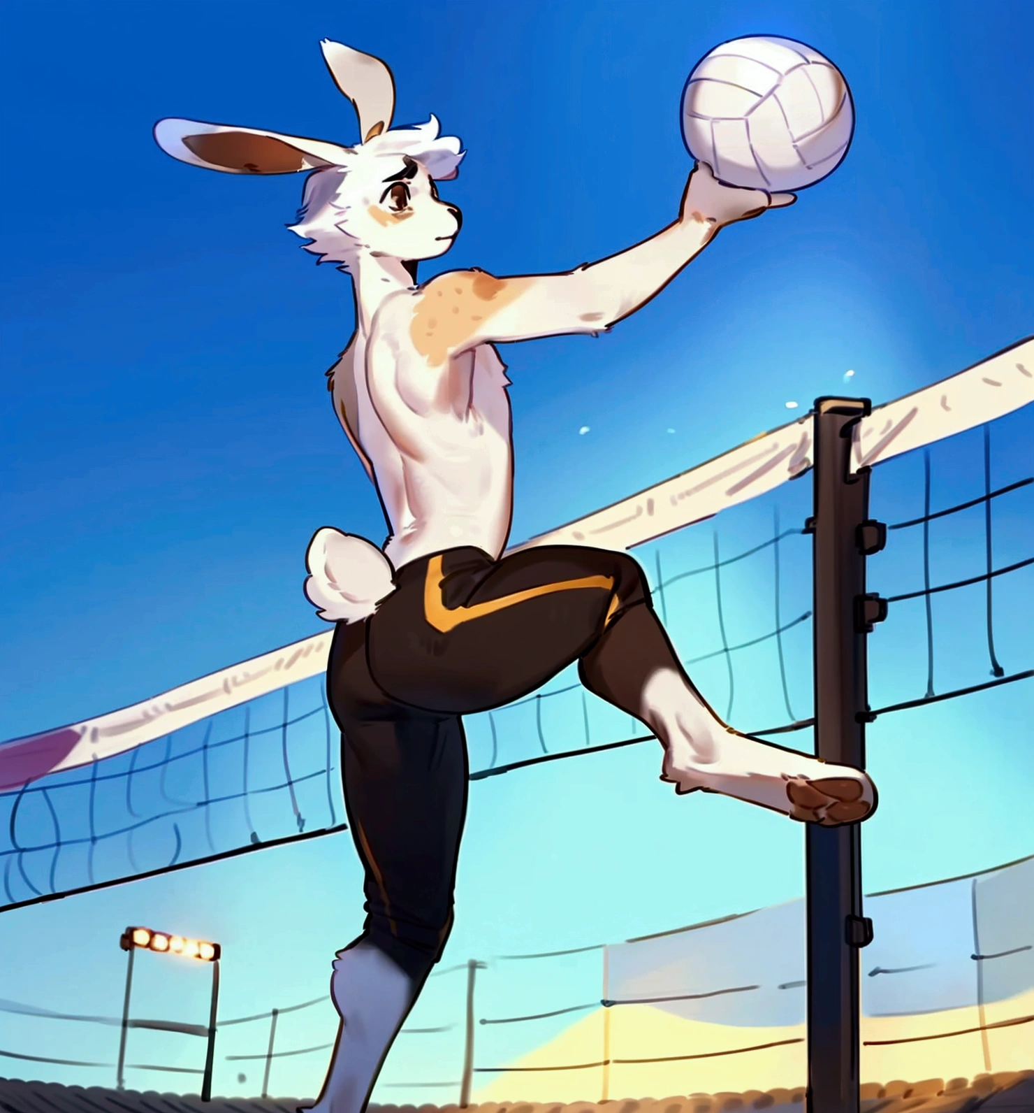 By bebebebebe, by lostgoose, by goonie-san, furry, male, bunny, serious, brown eyes, fit, slim, white fur, curly white hair, volleyball, stadium background, jumping, right arm back, left arm pointing up, legs bent