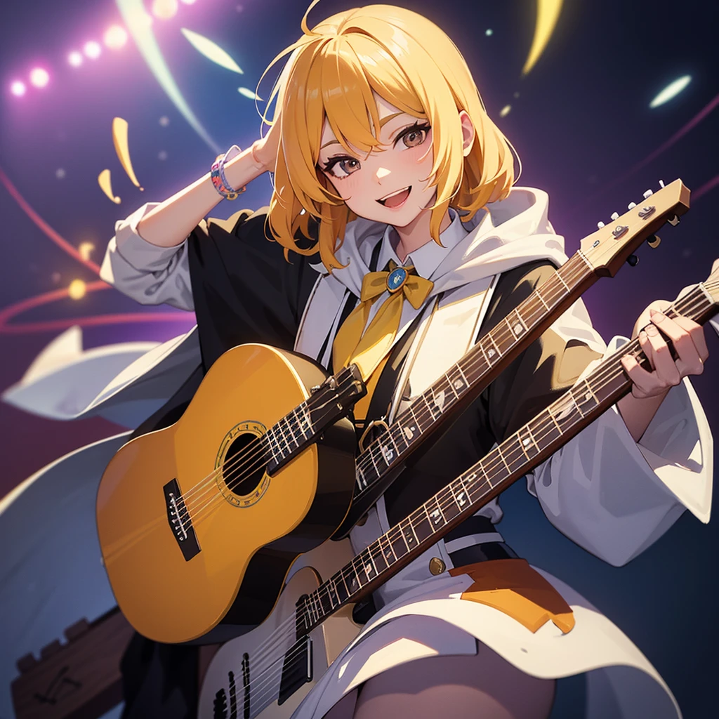 a smiling skeleton character in a combined wizard and mariachi outfit, detailed clothing, holding a guitar in left hand, surrounded by a healing aura, in a cheerful cartoon style background, (best quality,4k,8k,highres,masterpiece:1.2),ultra-detailed,(realistic,photorealistic,photo-realistic:1.37),1 skeleton character,wizard robe,mariachi outfit,detailed guitar,healing aura,cheerful cartoon style,vibrant colors