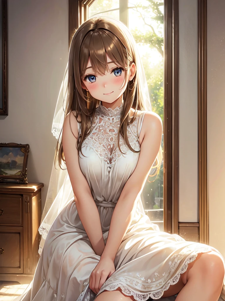 (high quality, High resolution, Fine details), White Dress,mini skirt, Old house, Ancient, Sunlight streaming through the cracks, Calm expression, Graceful pose, Breeze, Ethereal atmosphere, dream-like, Soft Color Palette, Warm golden tones, Soft lighting, Delicate lace detail on the dress, Flowing fabric, Surreal, Melancholic beauty, mysterious, A timeless landscape, Nostalgia, Quiet Solitude, alone, Curvy Girl, Light brown hair, Sparkling eyes, (Fine grain:1.2), smile, blush, Oily skin, Shallow depth of field,