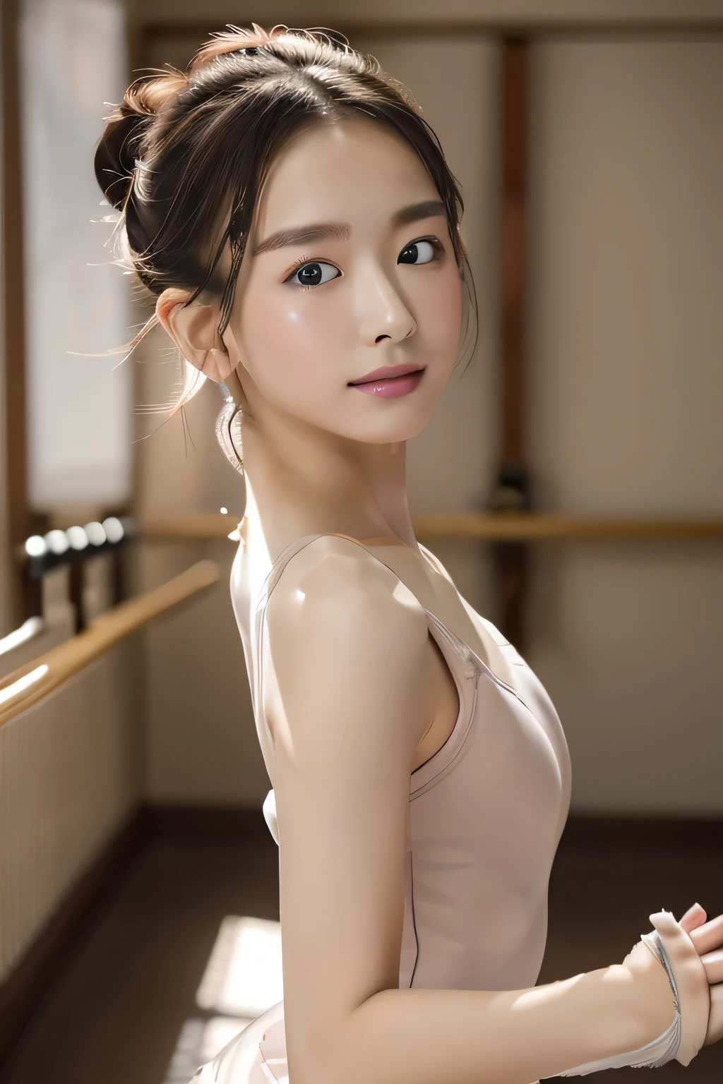 (Highest quality:1.4), (Very detailed), (Very detailed美しい顔), (Realistic Skin:1.4), (Girl practicing ballet:1.8), (The light of the setting sun shines through the window), 17 years old, Great face, Symmetrical eyes, iris, Sideways Evening Updo, Japanese Girl, (Skinny body type:1.2), (Flat Chest:1.2), (Ballet practice clothes:1.2), (avert your eyes:1.3), Smooth, Very detailed CG synthesis 8k wallpaper, High-resolution RAW color photos, Professional photography, Light, Back Light, dream-like, impressive, Written boundary depth, Ballet Classes, (Shooting from the side:1.3)、(Face close-up:1.3)