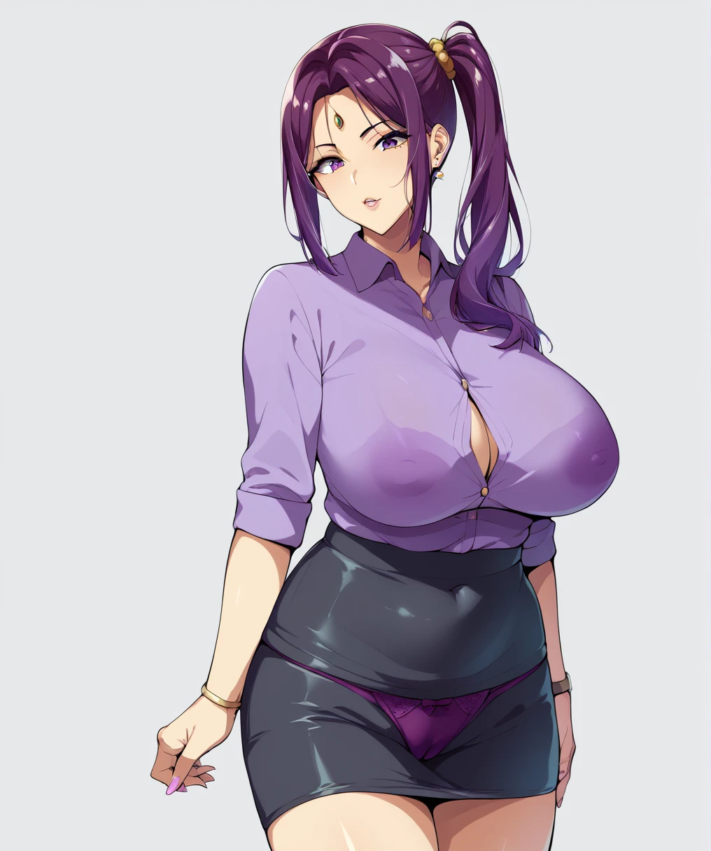 front、Character portrait、Ultra-detailed illustrations、Ultra-precise expression、masterpiece、Highest quality、ultra High resolution、High resolution、Hiromitsu Takeda Style、White background、Simple Background、One Woman、solo、Black purple hair、long hair、Show your forehead、side ponytail、Large Breasts、Voluptuous、Purple shirt、Black tight skirt、Aunt、Purple panties、