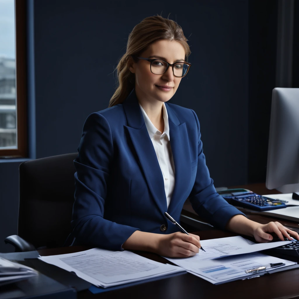 a positive accountant woman working at a computer, calculator, dark background, blue blazer, photo, realistic, photorealistic, photo-realistic:1.37, (best quality,4k,8k,highres,masterpiece:1.2),ultra-detailed, sophisticated, professional, office interior, window, desktop, paperwork, focused expression, business attire, glasses, office supplies