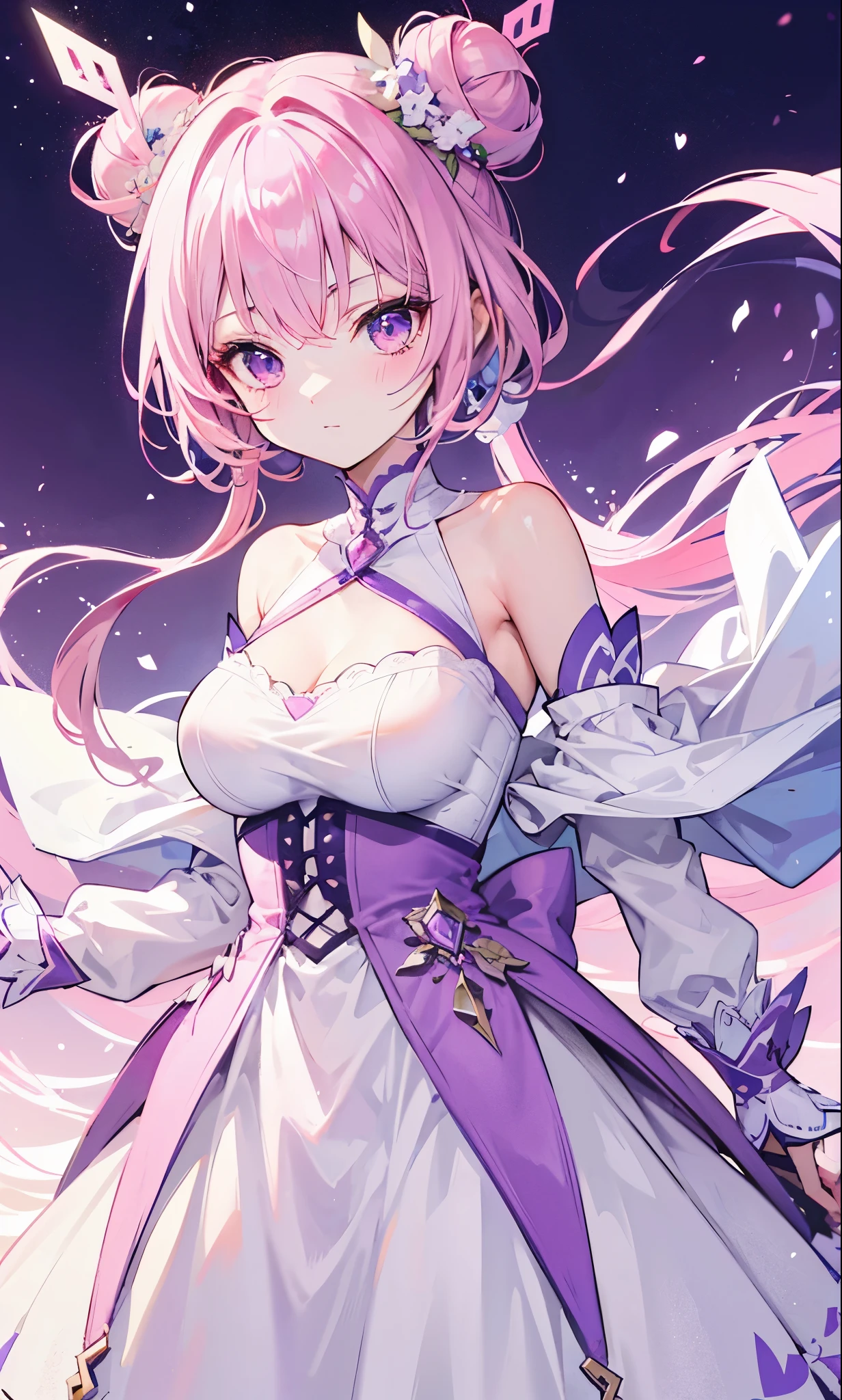 Light white clothes with pink and purple color matching，Purple and pink bun and long ponytail，Pink Purple Eyes，Gentle and coquettish princess