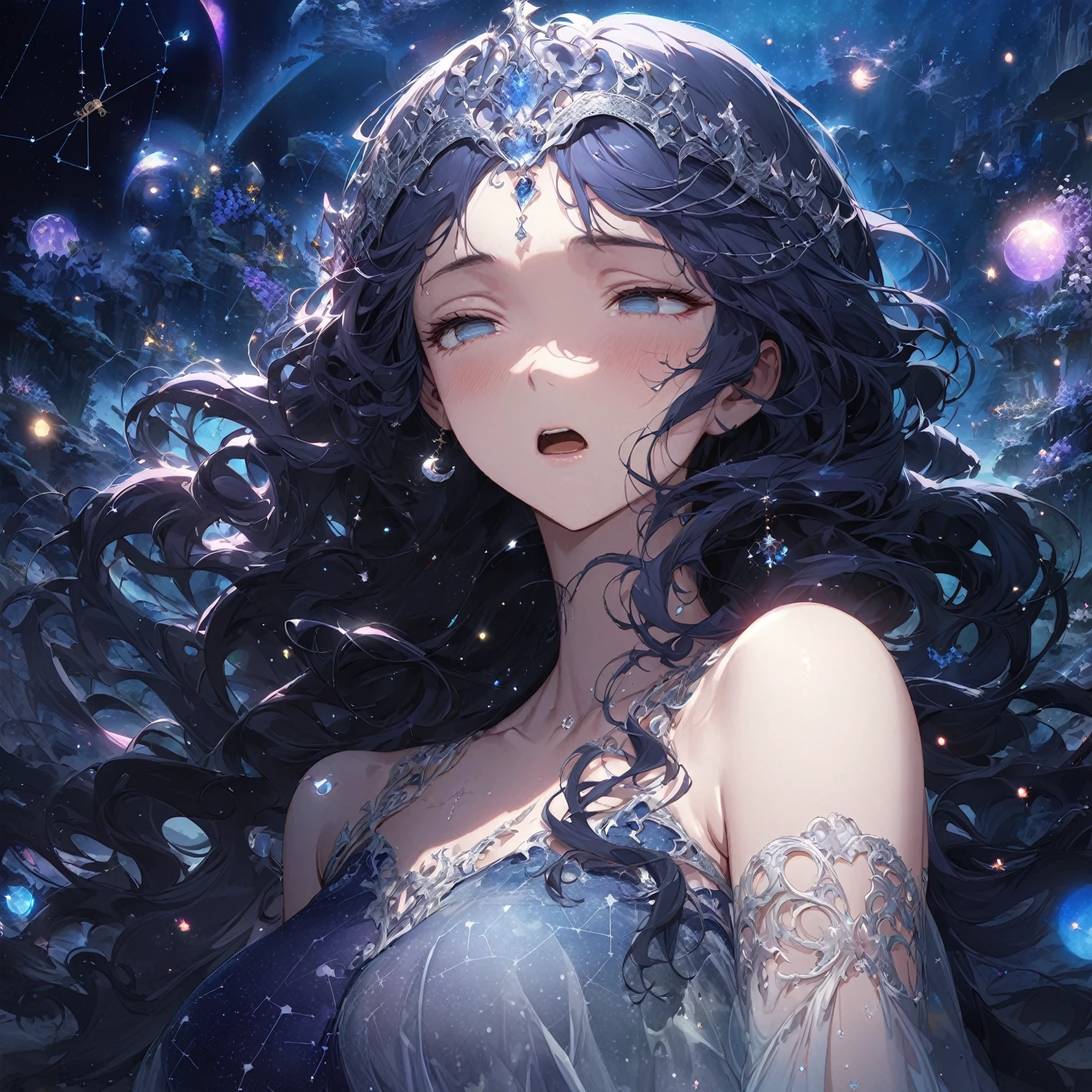 Woman, ethereal, otherworldly presence, sleepy, tired expression, half-closed, droopy eyes, slightly open mouth, silver, wavy hair, flowing gown, (nude:0.8), gossamer-like fabric, midnight blue, silver, lavender, constellation patterns, crescent moons, silver tiara, crescent-shaped charms, glowing gemstones, delicate silver bracelets, surreal, dreamlike landscape, large luminous moon, wisps of mist, floating islands, mythical creatures, glowing flora, small glowing orbs, faint silver threads, soft silvery light, dream manipulation, detailed gorgeous face| anime style| key visual| intricate detail| highly detailed| breathtaking| vibrant| panoramic| cinematic| Carne Griffiths| Conrad Roset| gibbli 8k