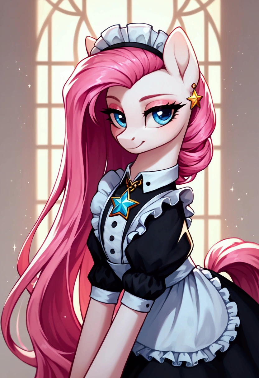 score_9,score_8_up,score_7_up,score_6_up, ((my little pony)), radiant lighting, vibrant colors, whimsical atmosphere, 8K, high resolution, highly detailed, masterpiece, ((brightness white body)), blue eyes, (maid costume), striped stockings, star pendant, earrings, eyeshadow, (very long pink hair:1.3), (((escort posing:1.4)))