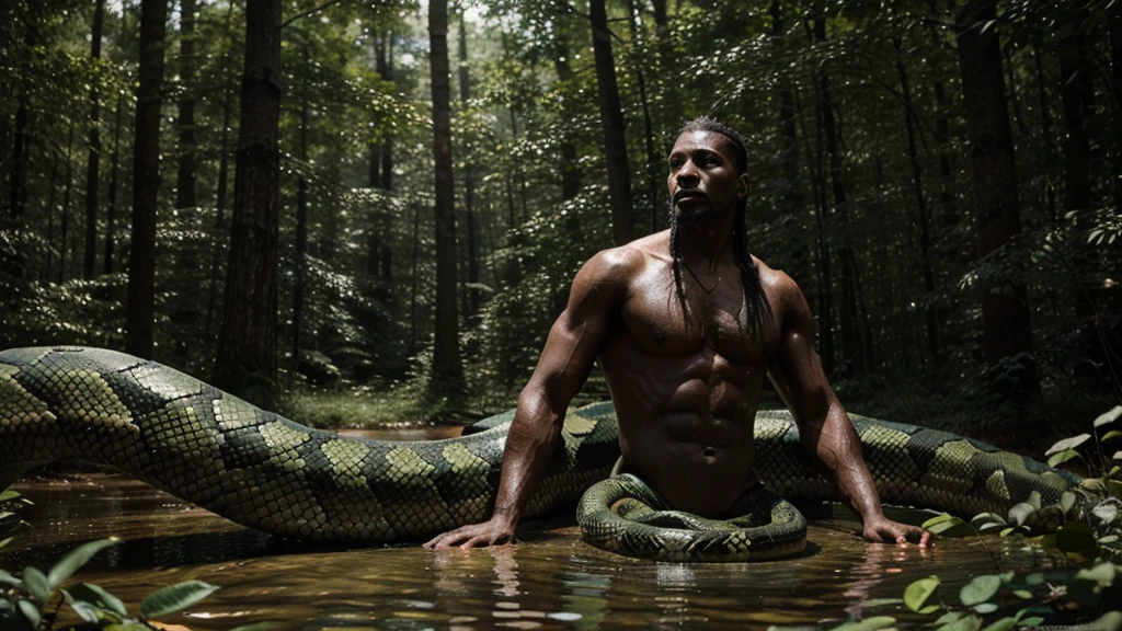 giant snake man in the water, snake man, hybrid snake man, king of snakes, dark king of snakes, In a forest, realistic coiled snakes, man with a snake face, mythology, giant snake, male forest genius of the forest ;dark-skinned love, hybrid human snake, snake body,