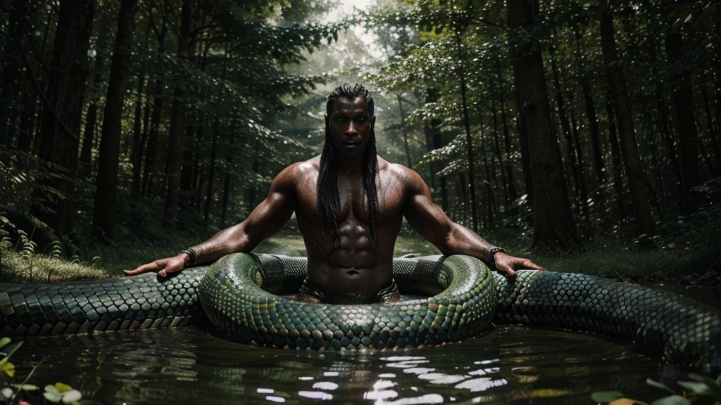 giant snake man in the water, snake man, hybrid snake man, king of snakes, dark king of snakes, In a forest, realistic coiled snakes, man with a snake face, mythology, giant snake, male forest genius of the forest ;dark-skinned love, hybrid human snake, snake body,