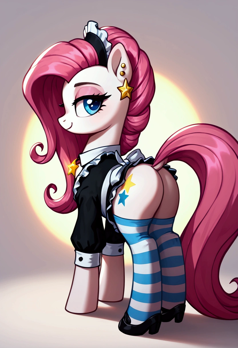 score_9,score_8_up,score_7_up,score_6_up, ((my little pony)), radiant lighting, vibrant colors, whimsical atmosphere, 8K, high resolution, highly detailed, masterpiece, ((brightness white body)), blue eyes, (maid costume), striped stockings, star pendant, earrings, eyeshadow, (very long pink hair:1.3), (((nymphomaniac showing butt:1.4)))